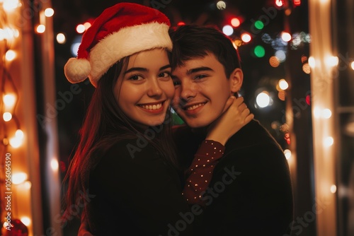 Smiling couple wearing Santa hats celebrating together