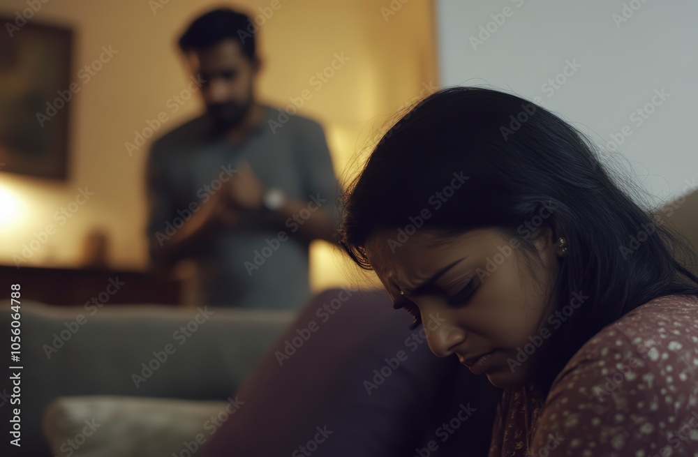Woman looking sad in a dimly lit room Woman looking sad in a dimly lit room