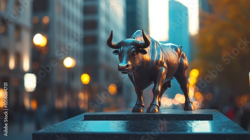 Wall Street bull sculpture at sunset with city skyline background photo