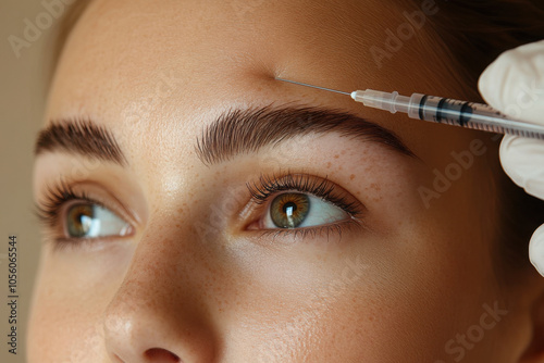 Young woman recieving injection of anti-aging botox filler to forehead from professional cosmetologist in beauty salon 