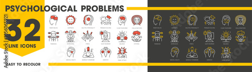 Psychological disorder problems and mental health line icons for psychology therapy, outline vector. Psychiatry, mental health and brain disorder icons of depression, stress, anxiety and panic attack