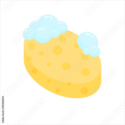 A washcloth for washing dishes in soap bubbles in a cartoon style on a white isolated background. Symbol of everyday cleaning in the home, office, etc.