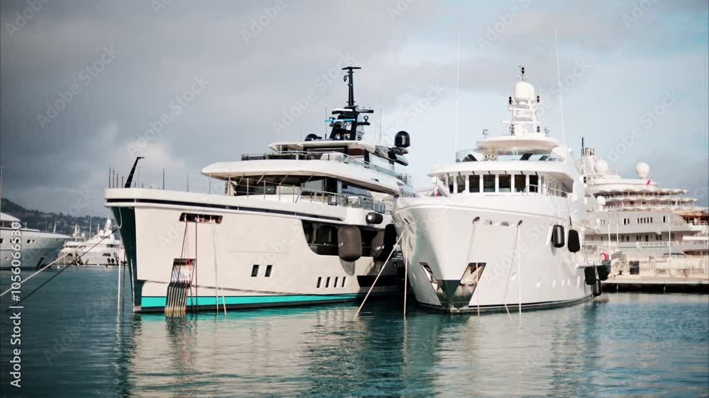 View of boats docked in the Monaco Marina with a cloudy sky on the background