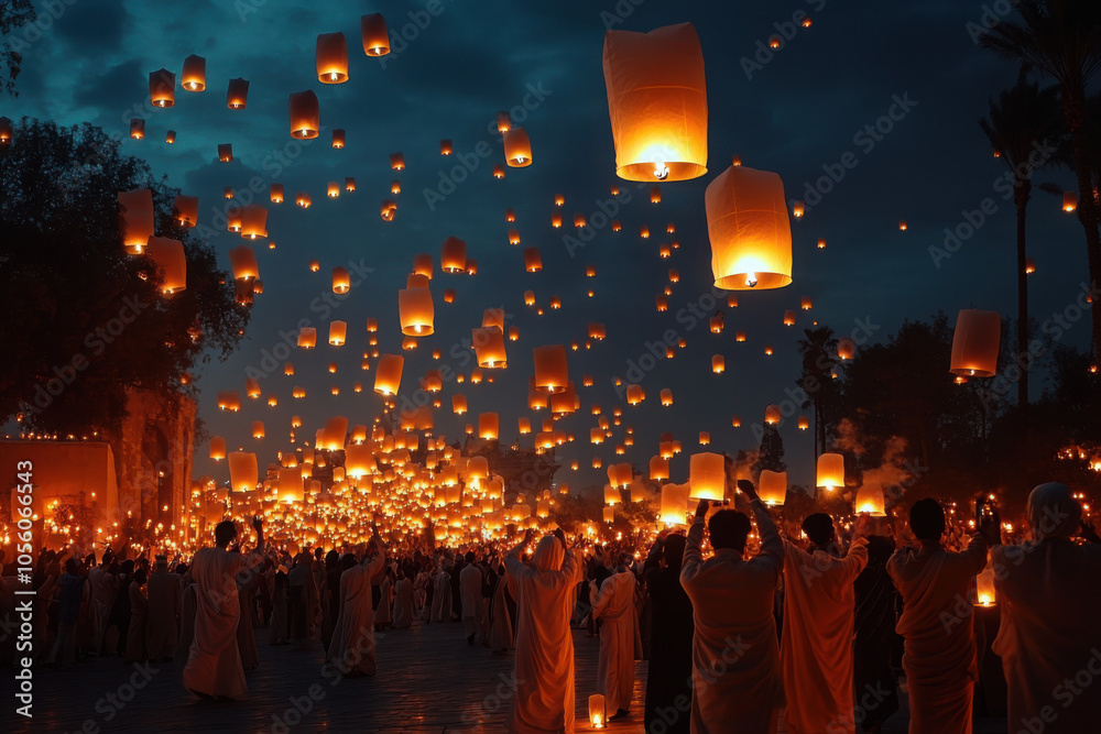 A group of people are holding lit lanterns and flying them in the air during Vesak Day.