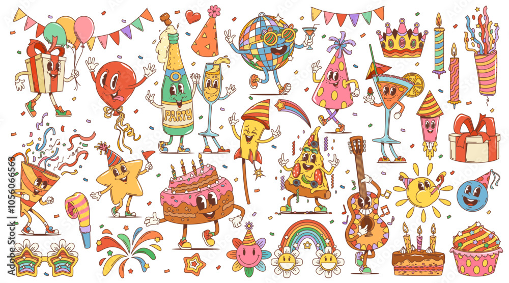 Retro cartoon groovy holiday, birthday and anniversary characters. Cute cake, balloons, gift and hat birthday party vector personages. Hippie funky champagne, happy cocktail, flowers and confetti Retro cartoon groovy holiday, birthday and anniversary characters. Cute cake, balloons, gift and hat birthday party vector personages. Hippie funky champagne, happy cocktail, flowers and confetti