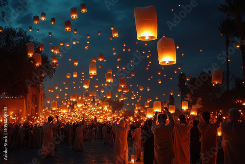 Obraz na płótnie A group of people are holding lit lanterns and flying them in the air during Vesak Day.
w salonie