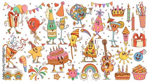 Retro cartoon groovy holiday, birthday and anniversary characters. Cute cake, balloons, gift and hat birthday party vector personages. Hippie funky champagne, happy cocktail, flowers and confetti