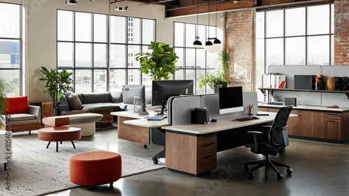 Modern office space with large windows, plants, and contemporary furniture for productivity.