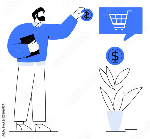 Man placing dollar coin into plant pot representing investment growth, holding document. Blue shopping cart icon suggests e-commerce. Ideal for business, finance, investment, economics, online