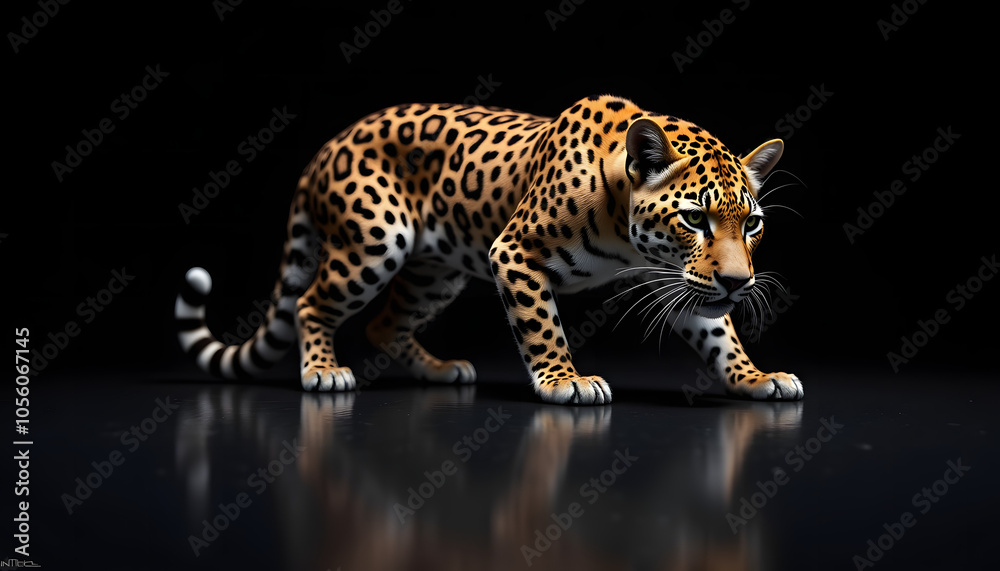 Jaguar stealthily crawling with vivid spots on shiny dark surface
Jaguar stealthily crawling with vivid spots on shiny dark surface