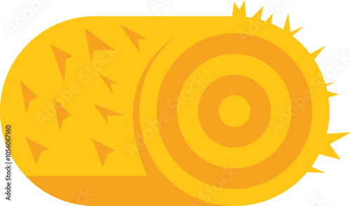 Round hay bale is sitting in a farm field, depicted in a colorful vector illustration