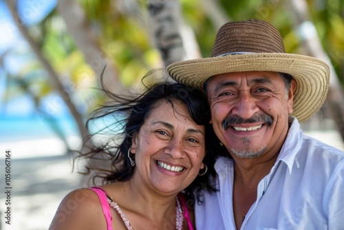 Smiling portrait of a middle aged Hispanic couple on vacation at beach