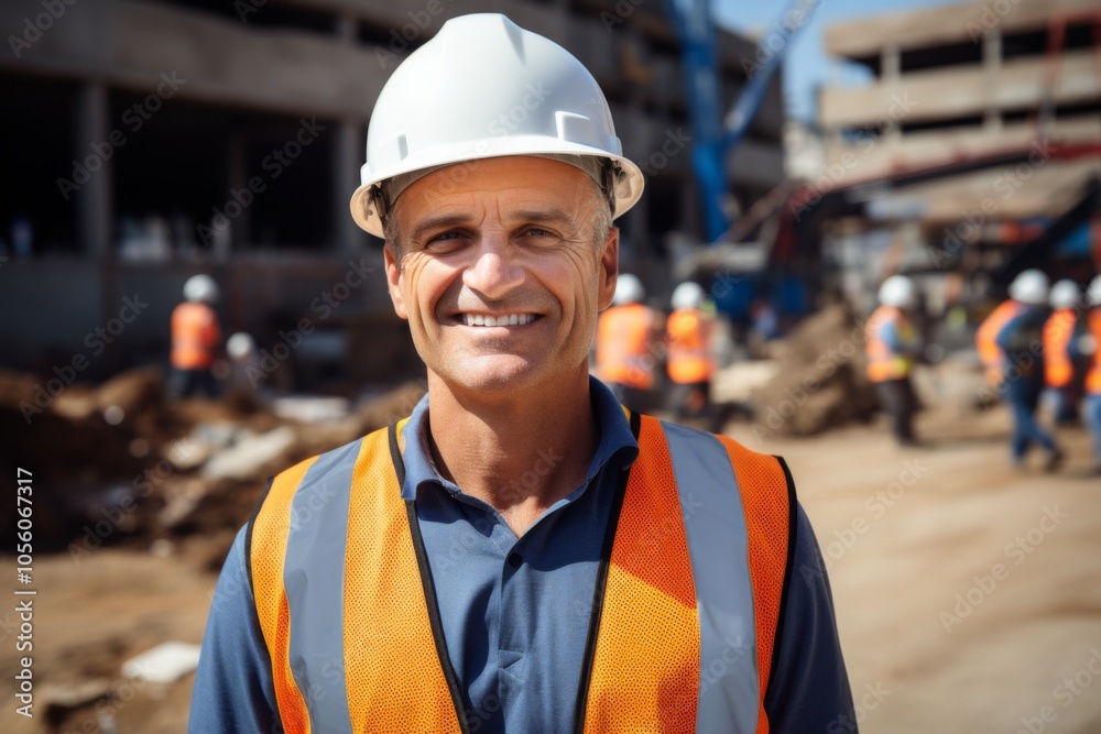 Smiling portrait of a middle aged Caucasian businessman on construction site Smiling portrait of a middle aged Caucasian businessman on construction site