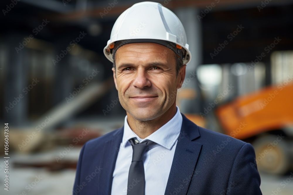 Smiling portrait of a middle aged Caucasian businessman on construction site Smiling portrait of a middle aged Caucasian businessman on construction site