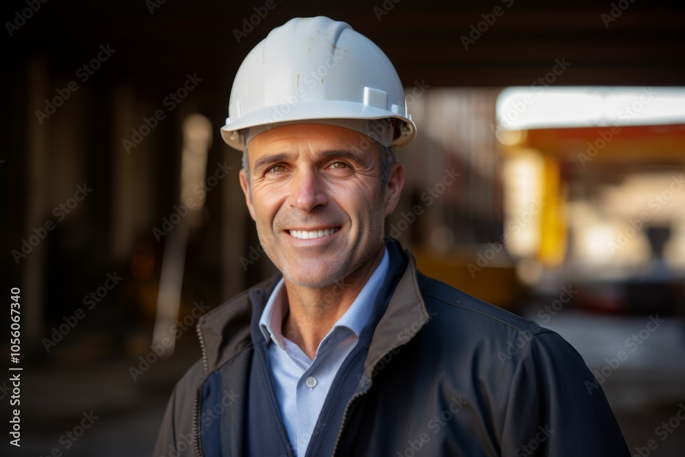 Smiling portrait of a middle aged Caucasian businessman on construction site Smiling portrait of a middle aged Caucasian businessman on construction site