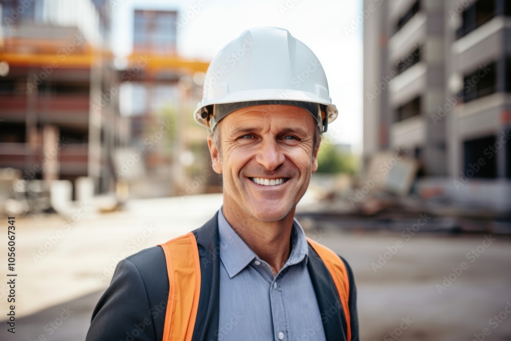 Smiling portrait of a middle aged Caucasian businessman on construction site Smiling portrait of a middle aged Caucasian businessman on construction site