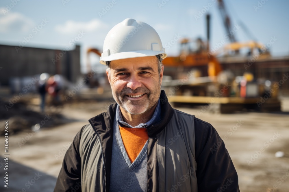 Smiling portrait of a middle aged Caucasian businessman on construction site Smiling portrait of a middle aged Caucasian businessman on construction site