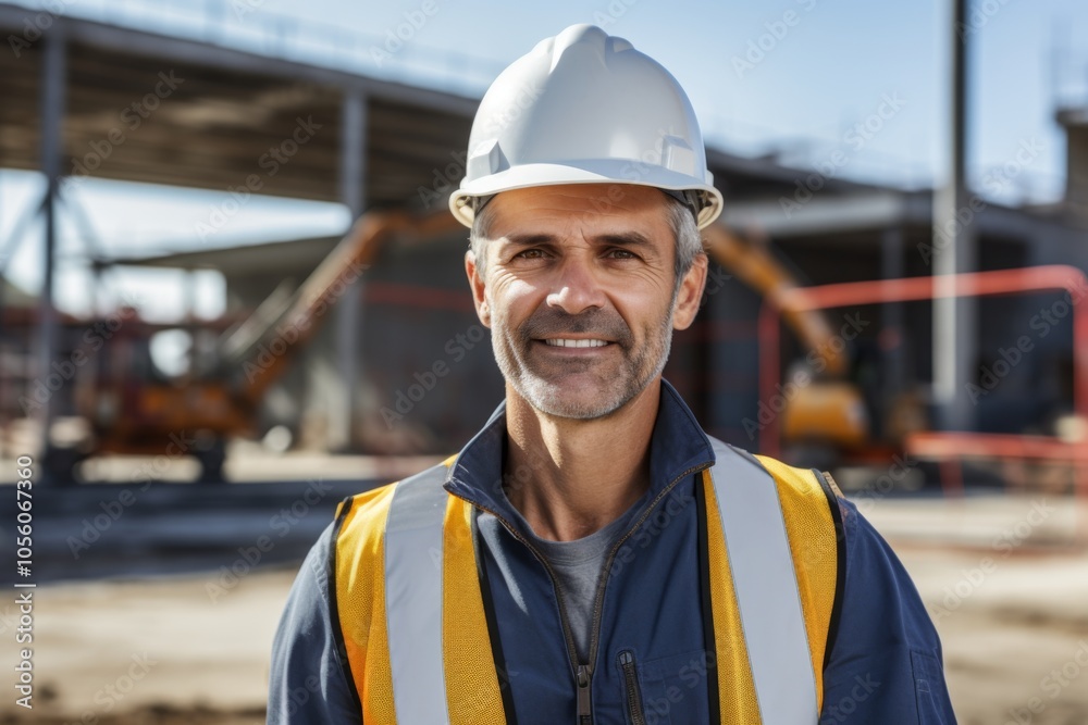 Smiling portrait of a middle aged Caucasian businessman on construction site Smiling portrait of a middle aged Caucasian businessman on construction site