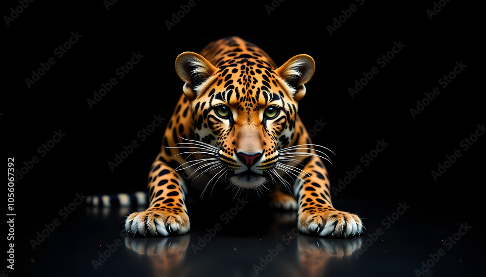Fototapeta premium Jaguar crouching with intense expression and vivid spots on reflective dark surface