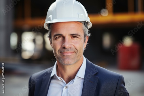 Smiling portrait of a middle aged Caucasian businessman on construction site