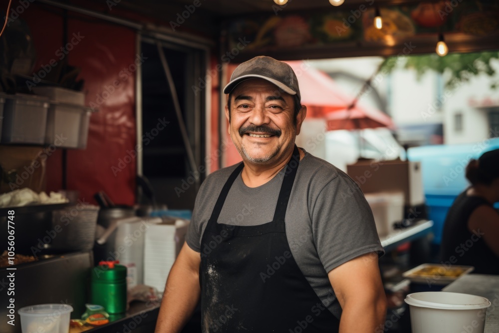 Smiling portrait of a middle aged Mexican man working a food truck