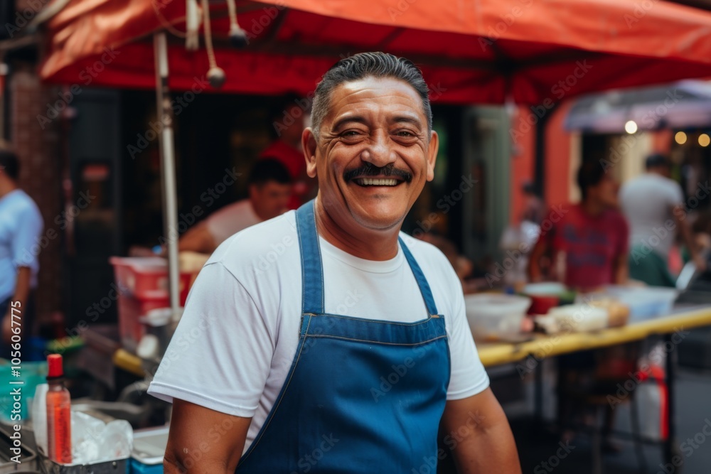 Smiling portrait of a middle aged Mexican man working a food truck Smiling portrait of a middle aged Mexican man working a food truck