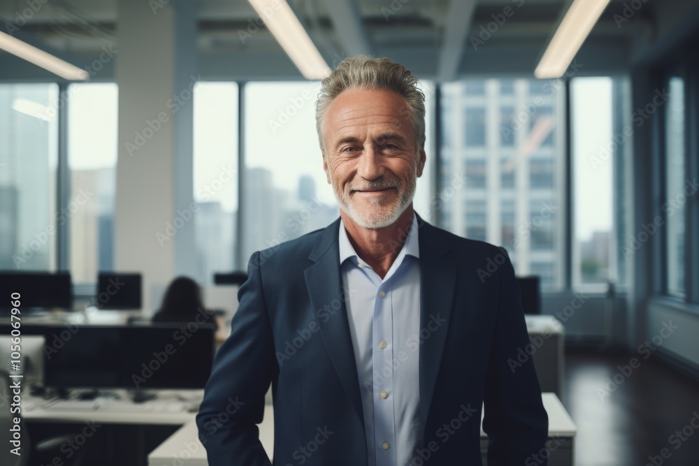 Smiling portrait of a senior Caucasian businessman in modern office Smiling portrait of a senior Caucasian businessman in modern office