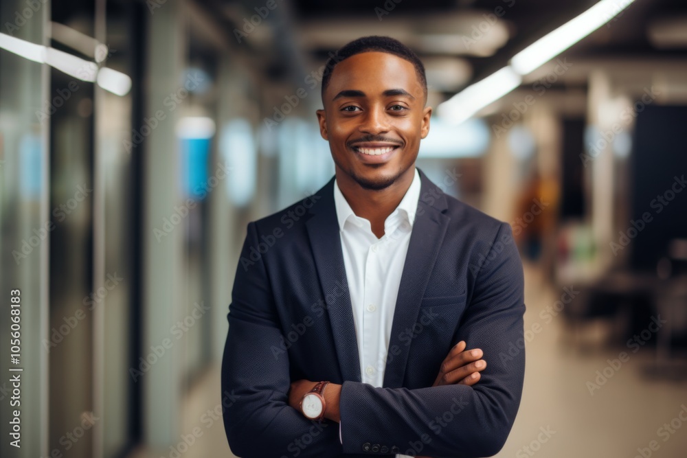 Fototapeta premium Smiling portrait of a young African American businessman in office