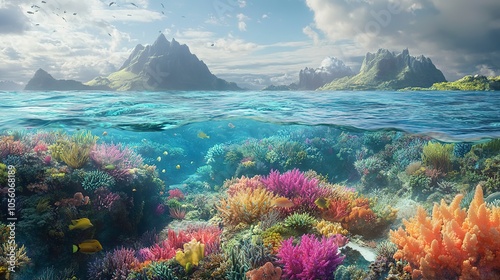 Coral reef islands teeming with marine life.