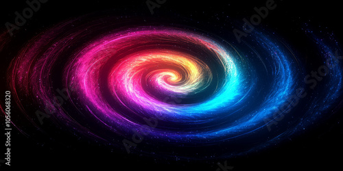 Fluorescent spirals radiating black background.