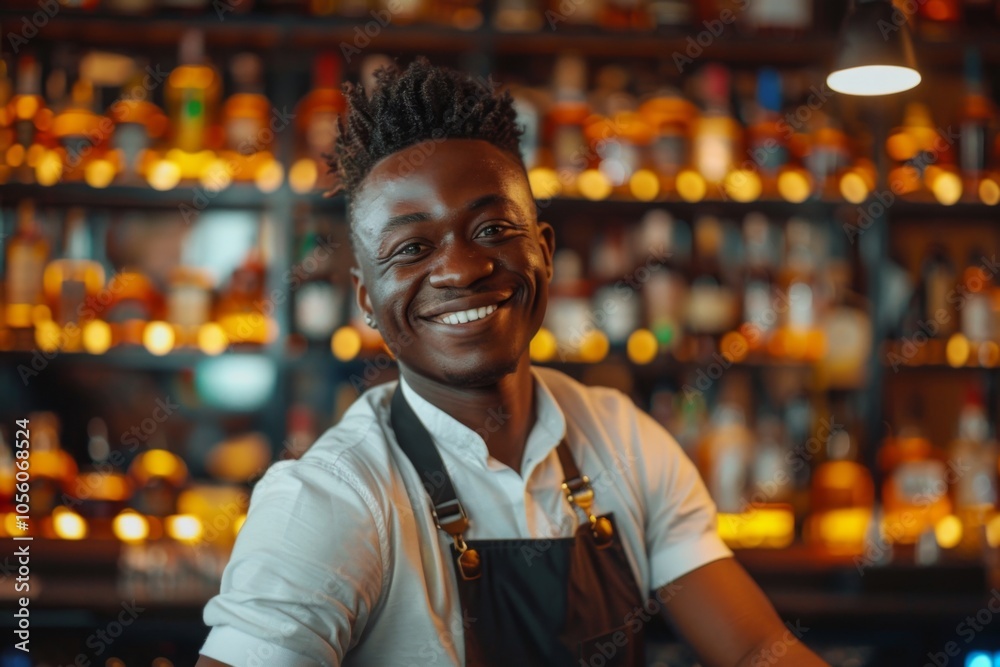 Fototapeta premium Smiling portrait of a young African American male bartender