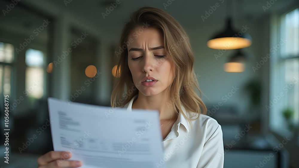 Stressed woman finds errors in financial records after exceeding budget and receiving unexpected bills from company financial reports. Stressed woman finds errors in financial records after exceeding budget and receiving unexpected bills from company financial reports.