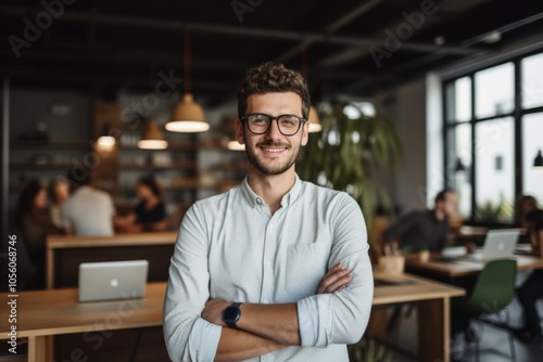 Smiling portrait of a young hipster Caucasian man in office