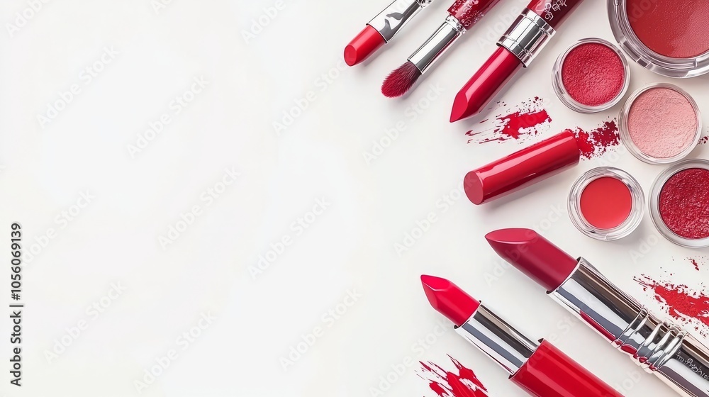 Red lipstick, lip gloss, brushes, and eyeshadow palettes arranged on a white background. Red lipstick, lip gloss, brushes, and eyeshadow palettes arranged on a white background.