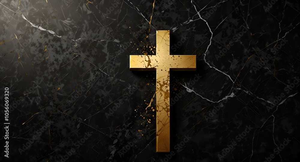 Golden cross on the black marble stone Golden cross on the black marble stone