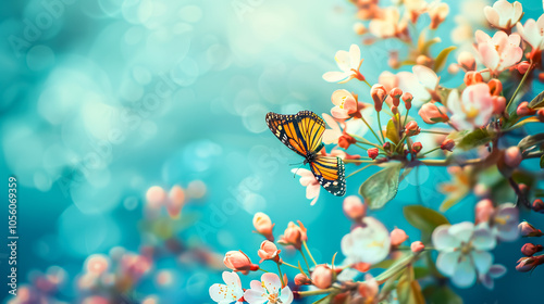 Beautiful spring nature background with a butterfly, lovely blossoms, and petals on a turquoise blue background, top view, frame. Springtime concept.