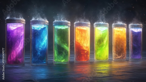 Colorful glowing potions in laboratory beakers with swirling vapor on a dark background