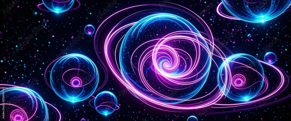 Vibrant neon galaxies with swirling cosmic patterns and stars in deep space Vibrant neon galaxies with swirling cosmic patterns and stars in deep space