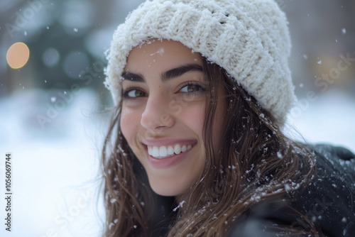 Beautiful young adult woman portrait smiling close up wearing white cozy winter cap against snowy snow winter background.