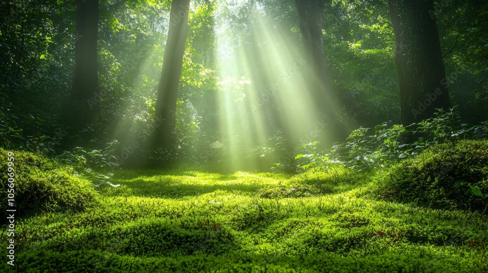 Fototapeta premium Beautiful rays of sunlight in a green forest