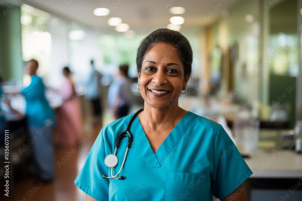 Smiling portrait of a middle aged Indian nurse in hospital Smiling portrait of a middle aged Indian nurse in hospital