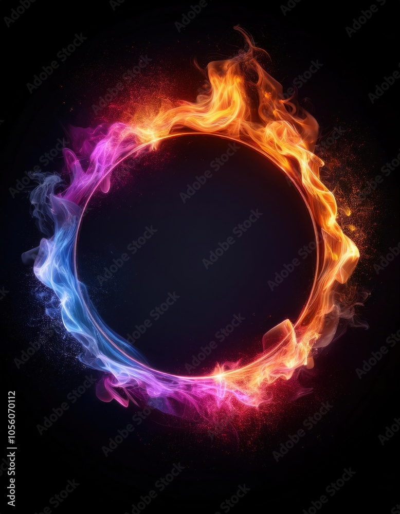 A round fire frame with colorful smoke on a black background A round fire frame with colorful smoke on a black background