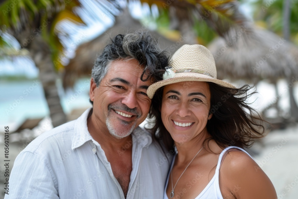 Smiling portrait of a middle aged Hispanic couple on vacation at beach Smiling portrait of a middle aged Hispanic couple on vacation at beach