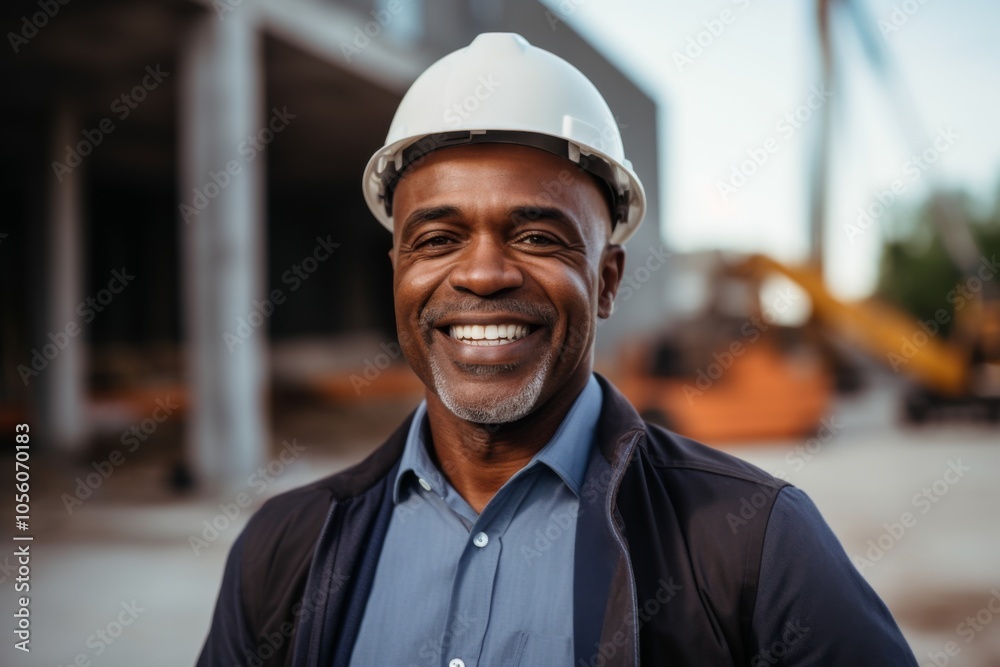 Smiling portrait of a middle aged African American businessman on construction site Smiling portrait of a middle aged African American businessman on construction site