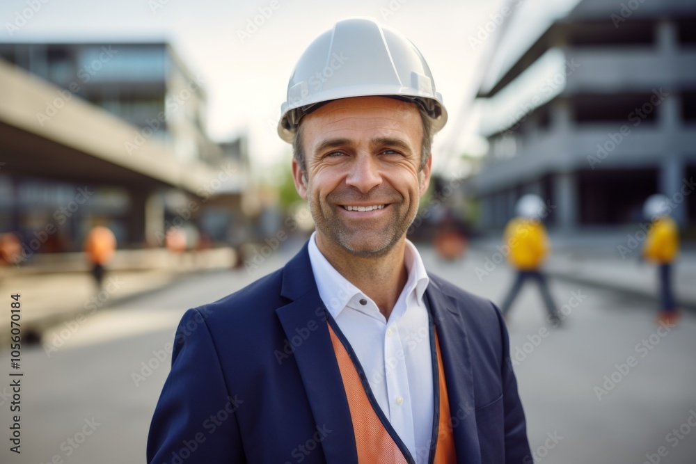 Smiling portrait of a middle aged Caucasian businessman on construction site Smiling portrait of a middle aged Caucasian businessman on construction site