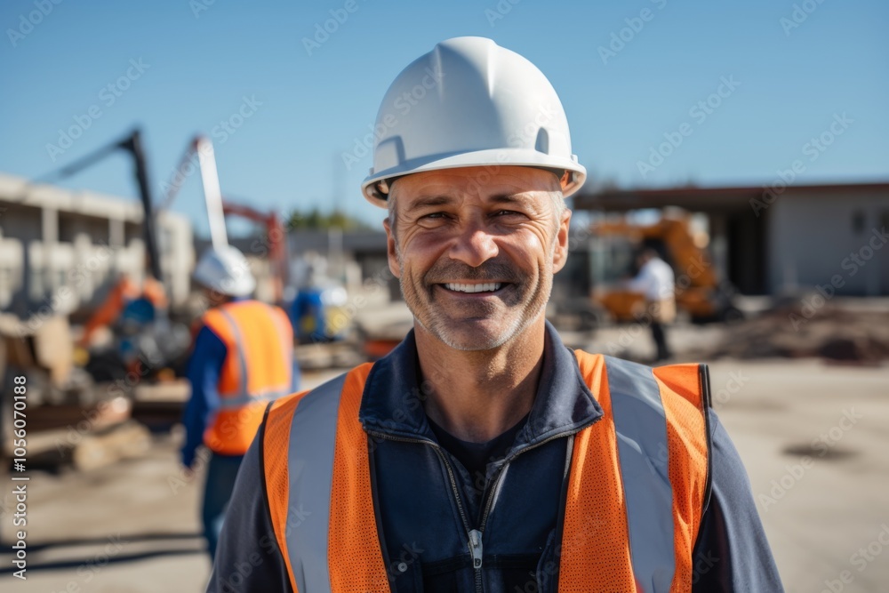 Smiling portrait of a middle aged Caucasian businessman on construction site Smiling portrait of a middle aged Caucasian businessman on construction site