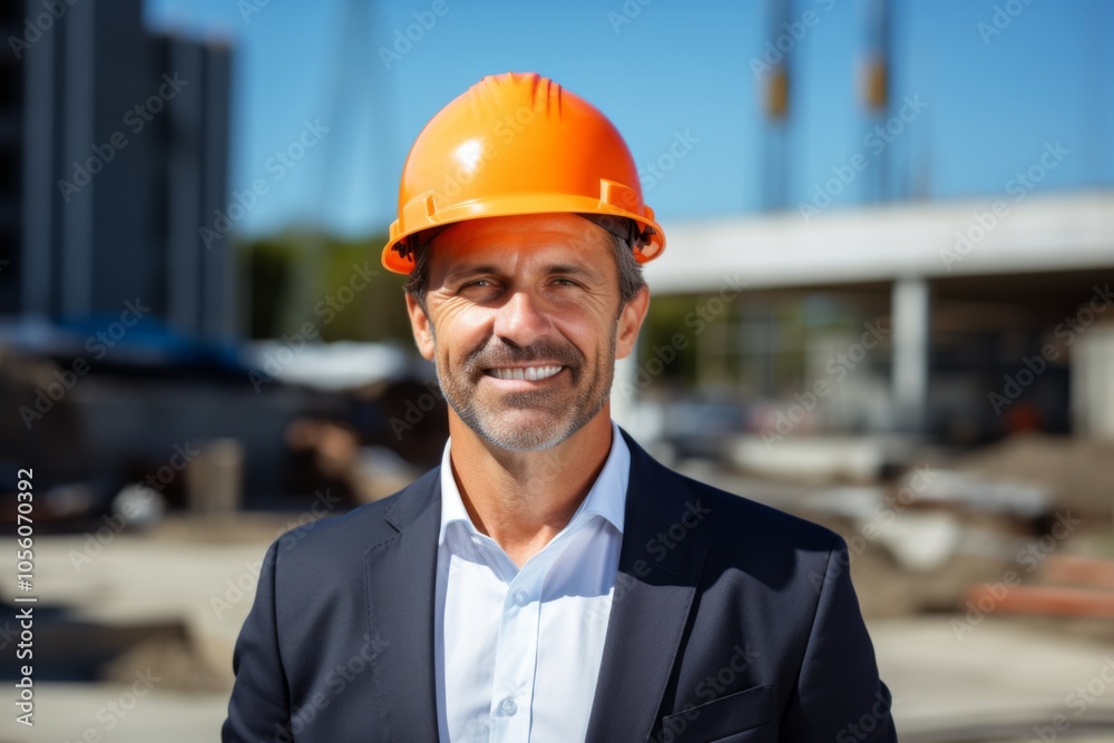 Smiling portrait of a middle aged Caucasian businessman on construction site Smiling portrait of a middle aged Caucasian businessman on construction site