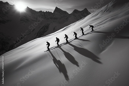 Randonneurs à ski en file indienne sur pente enneigée en noir et blanc
 photo