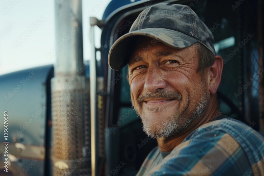 Smiling portrait of a middle aged male Caucasian trucker Smiling portrait of a middle aged male Caucasian trucker
