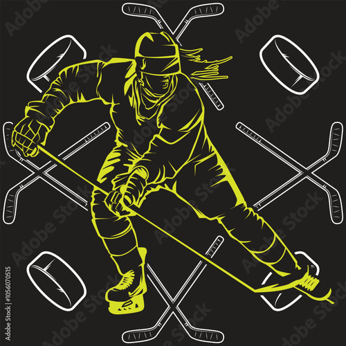 Hockey player cool design, sport lover elements sticks and pucks
